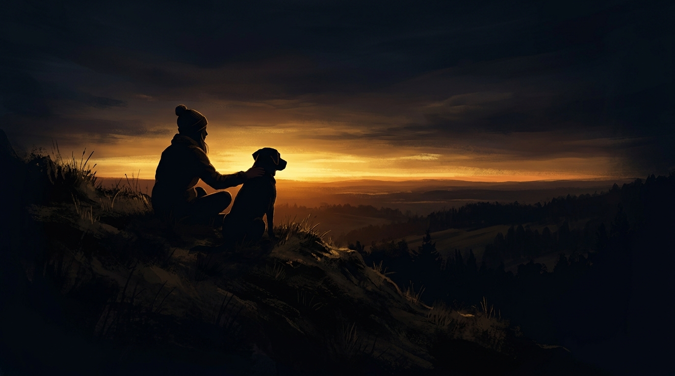 A person sitting with their dog at sunset